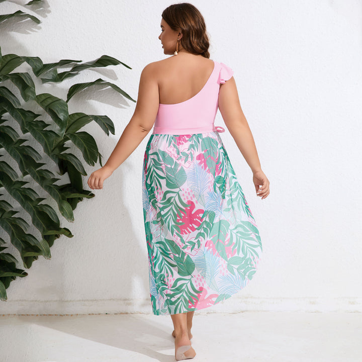 Women's One-Piece Swimsuit with Asymmetrical Cut and Floral Overlay Mune Fashion