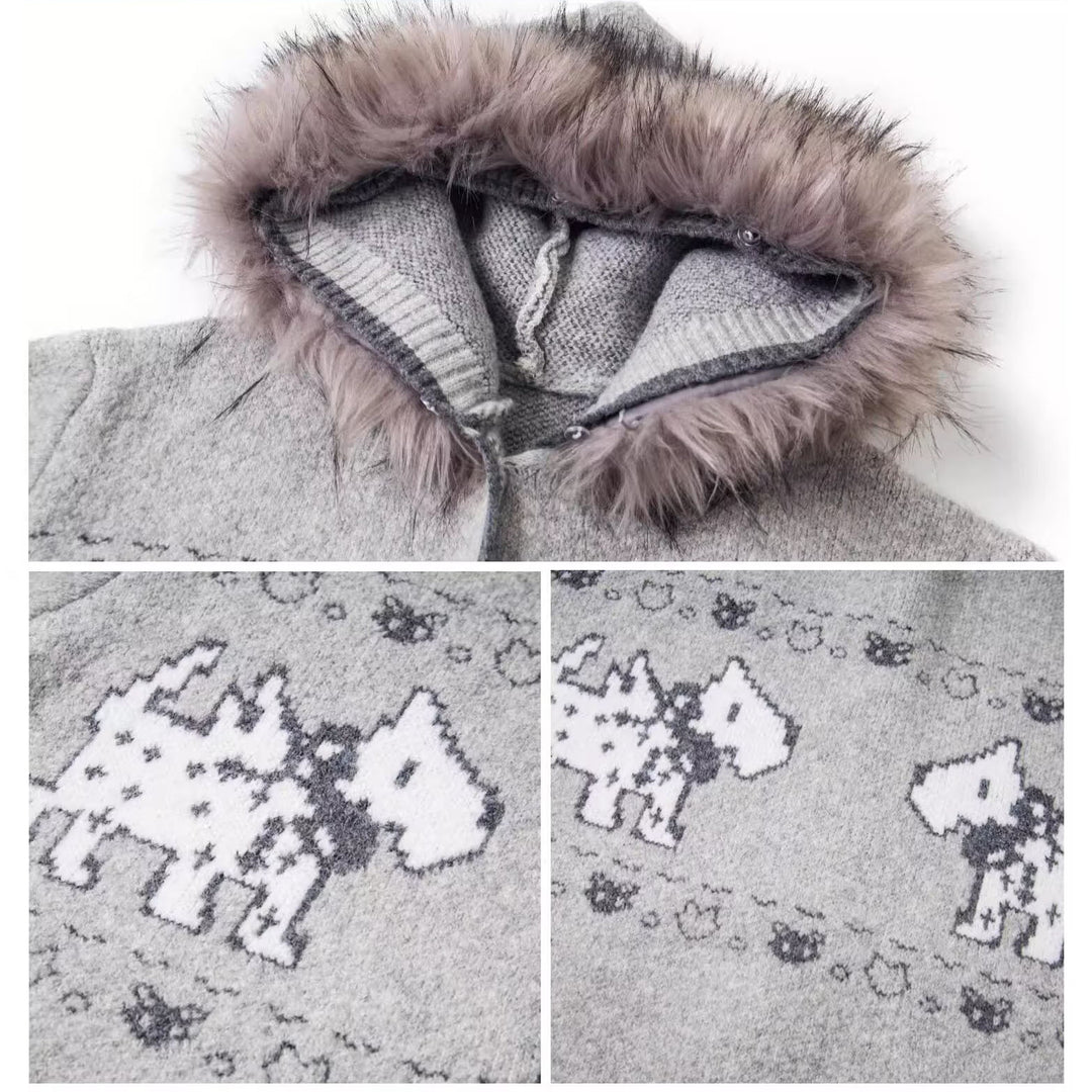 Ladies Cozy Cardigan with Animal Pattern and Fur Collar Mune Fashion