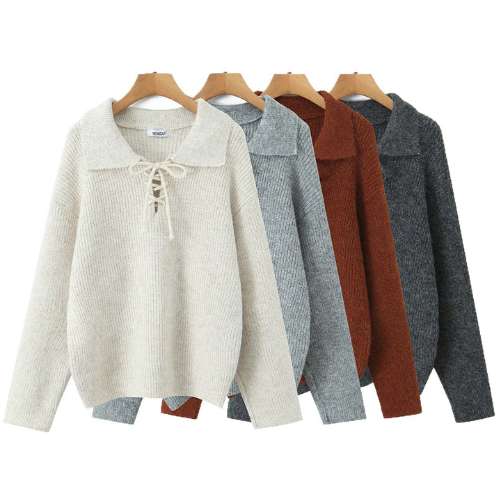 Women Cozy Knit Sweater with Wide Polo Collar and Drawstring Mune Fashion