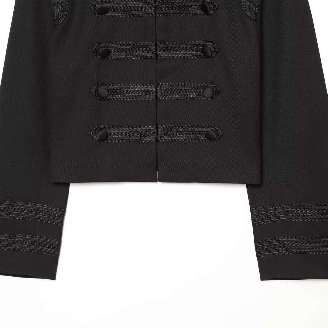 Women Cropped Marschall Jacket with Stand-Up Collar and Decorative Trim Mune Fashion