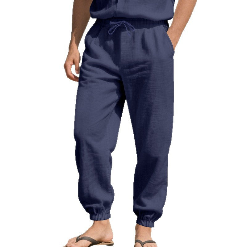Men's Linen Look Lounge Pants with Elastic Waistband, Drawstring & Ribbed Ankle Cuffs Mune Fashion