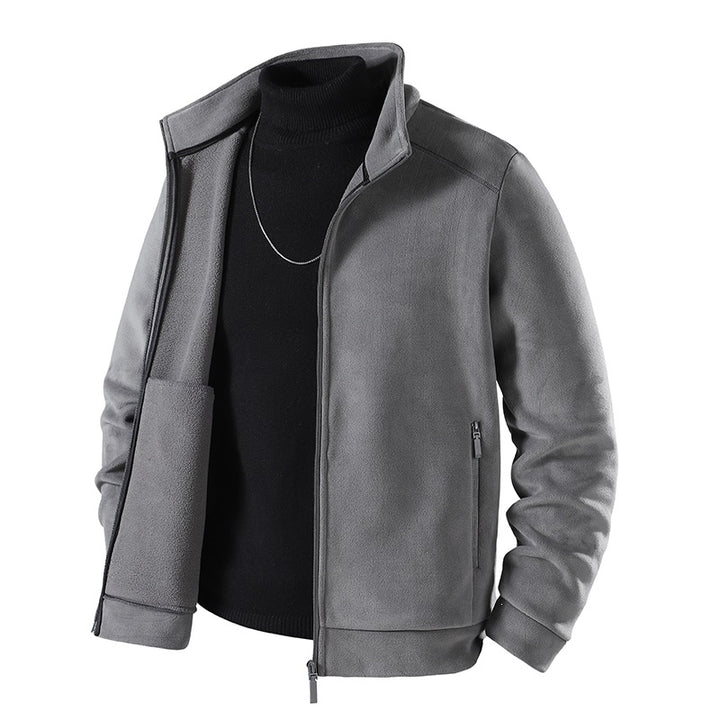 Men's Simple Velvet-Look Transition Jacket with High-Closing Stand-Up Collar, Concealed Two-Way Zipper & Zip Pockets