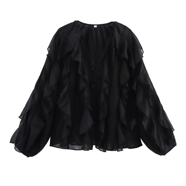 Ladies Ruffle Chiffon Blouse with V-Neck, Button Placket and Balloon Sleeves Mune Fashion