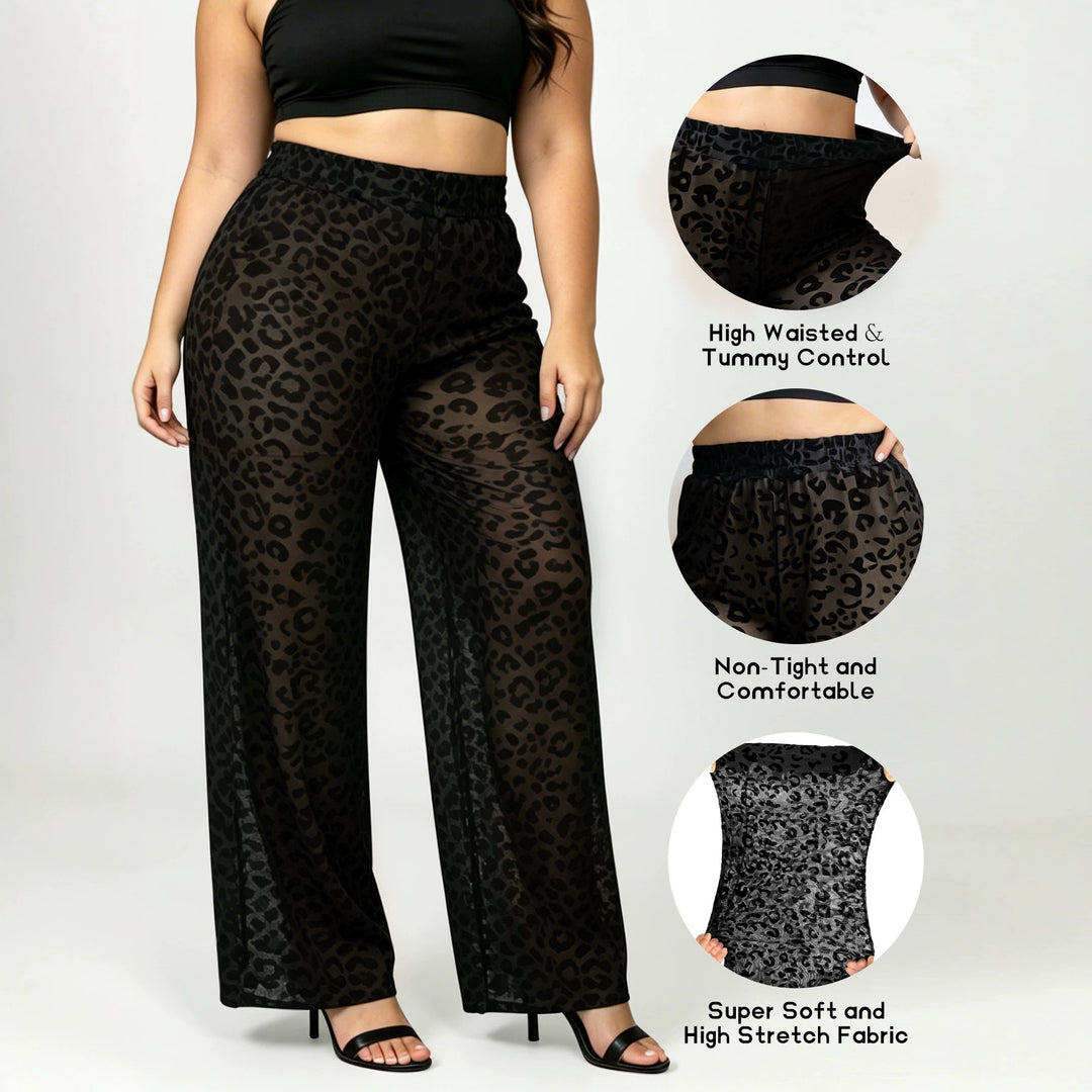 Ladies high-waisted wide-cut chiffon pants with leopard print and tummy control Mune Fashion