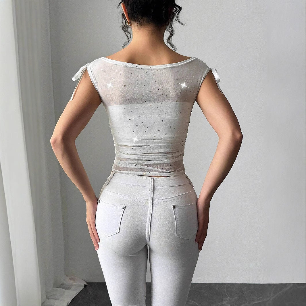 Women's transparent net top with sparkling glitter stones, shoulder knot and waist gathering Mune Fashion