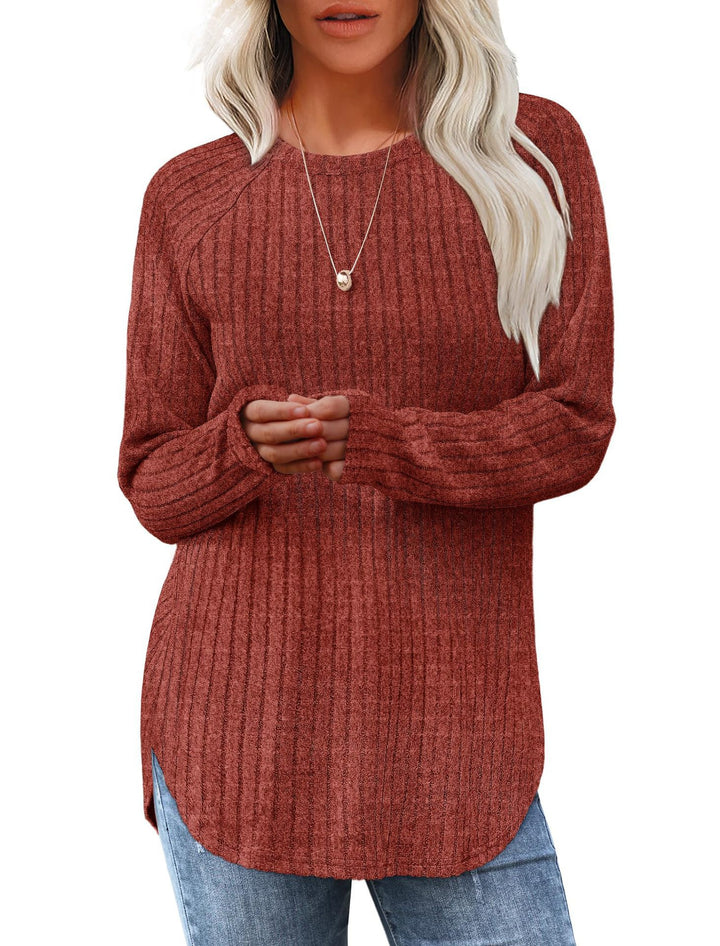 Women's ribbed knit pullover with round neckline oversized fit and side slits Mune Fashion