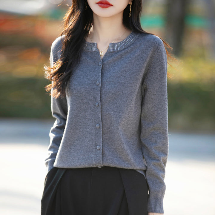 Women Short Cardigan made of ultra-fine cotton mix with sparkling crystal edge and tone-on-tone button placket Mune Fashion