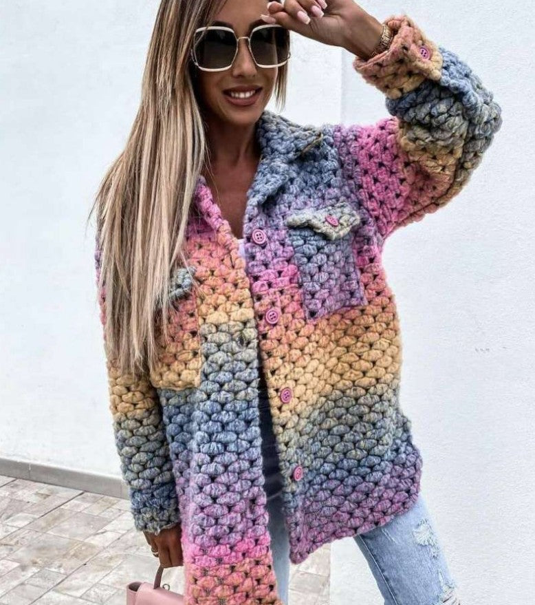Women Crocheted Oversized Cardigan with Gradient, Button Placket and Patch Pockets Mune Fashion