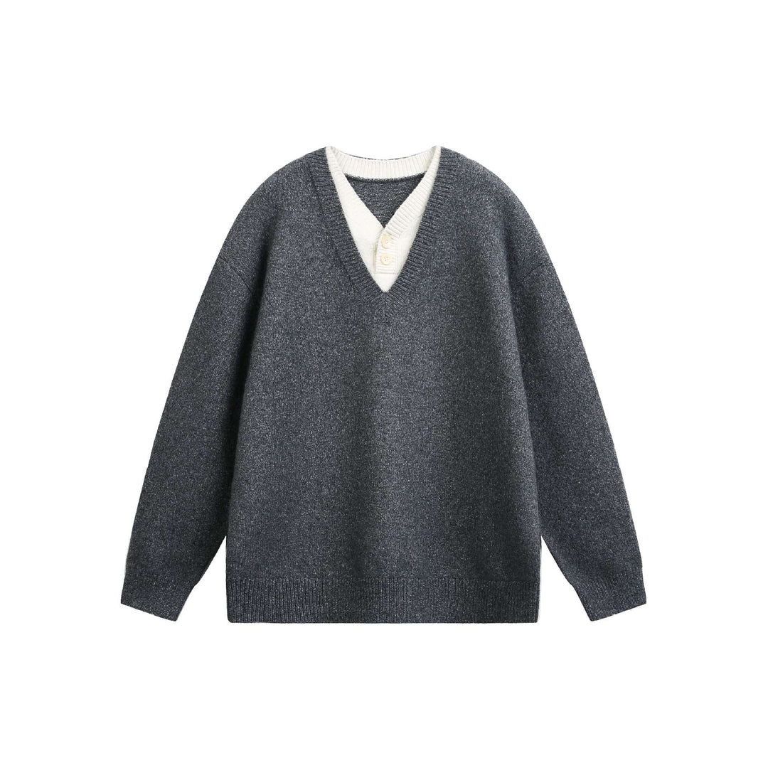 Women Oversize V Neck Knit Sweater with Henley Look and Ribbed Cuffs Mune Fashion