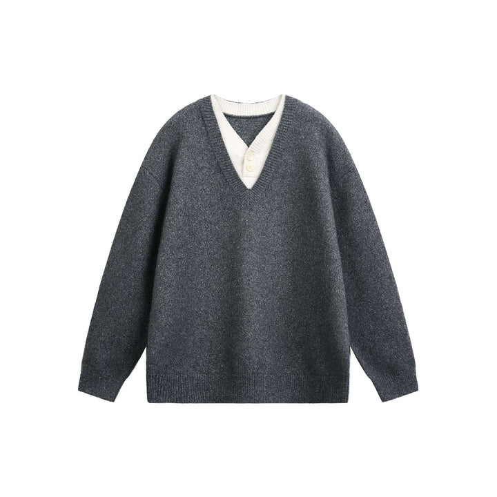 Women Oversize V Neck Knit Sweater with Henley Look and Ribbed Cuffs Mune Fashion