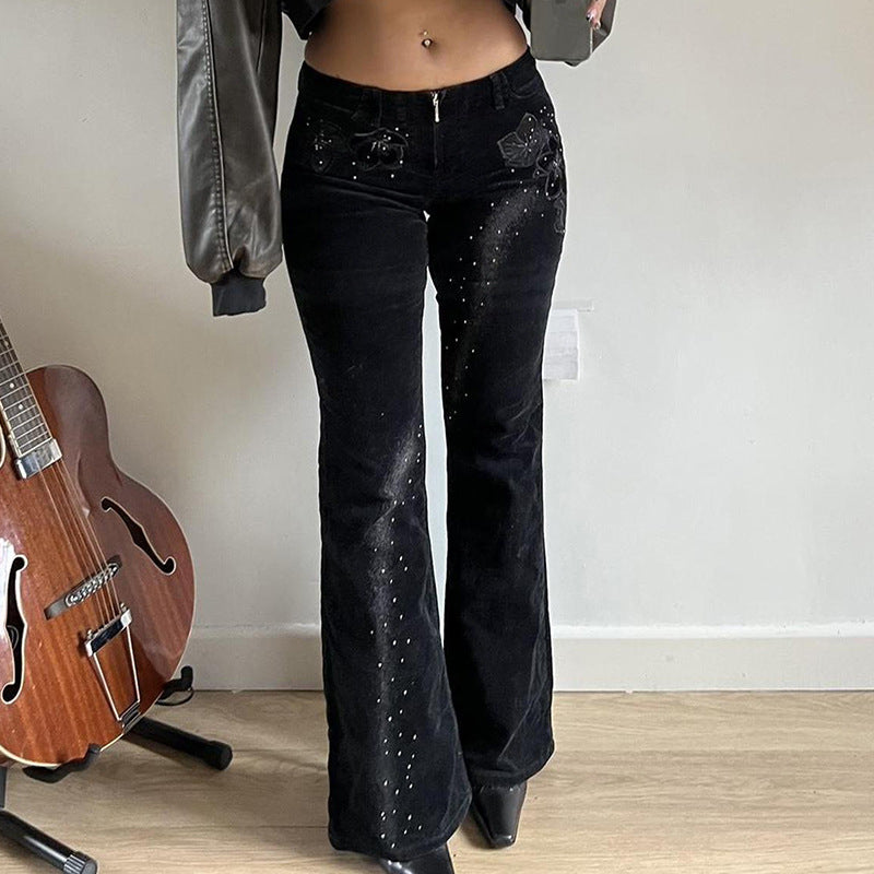 Women’s flared corduroy pants with glitter stripes and floral embroidery, high waistband Mune Fashion