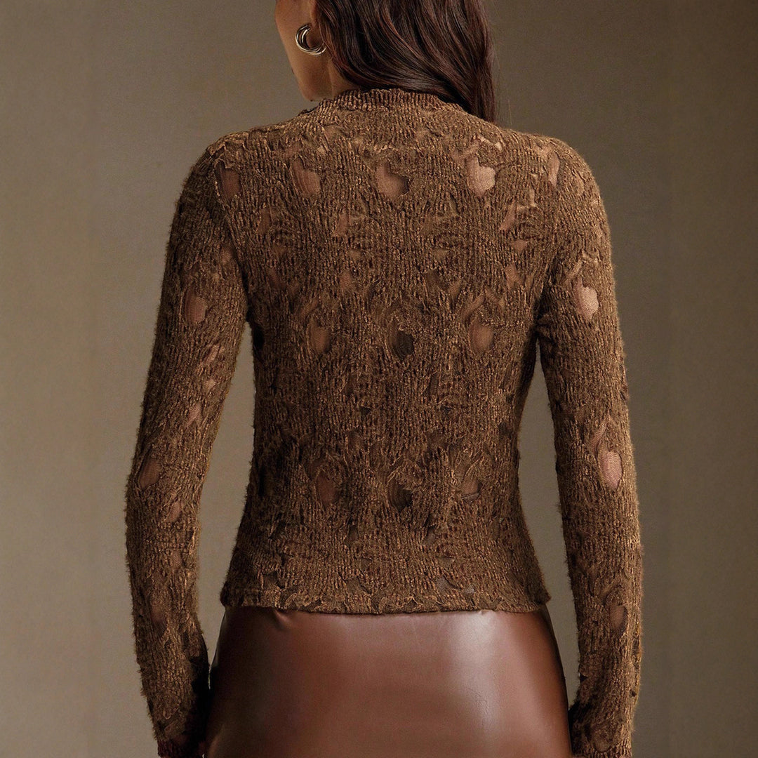 Ladies fine knit transparent pullover with structured lace and standing collar Mune Fashion