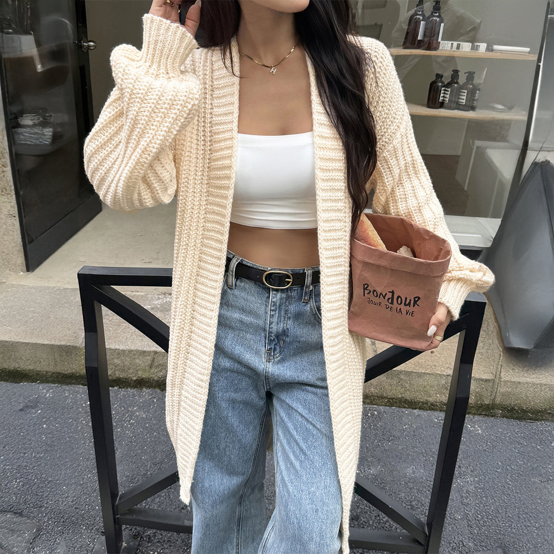Women's long chunky knit cardigan with open front and balloon sleeves Mune Fashion