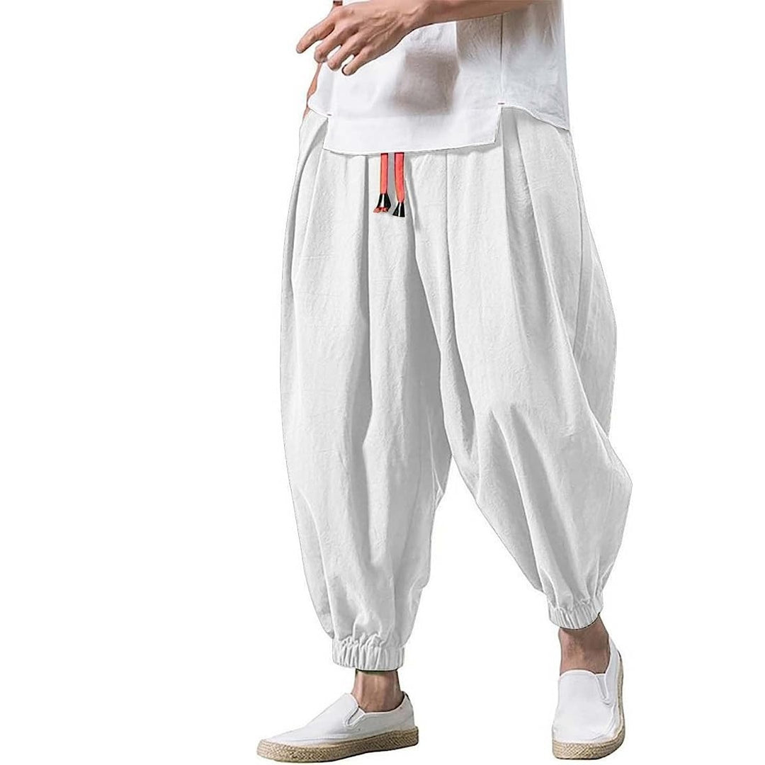 Men's unusual harem-style balloon pants with pleats, elastic waistband, and drawstring Mune Fashion