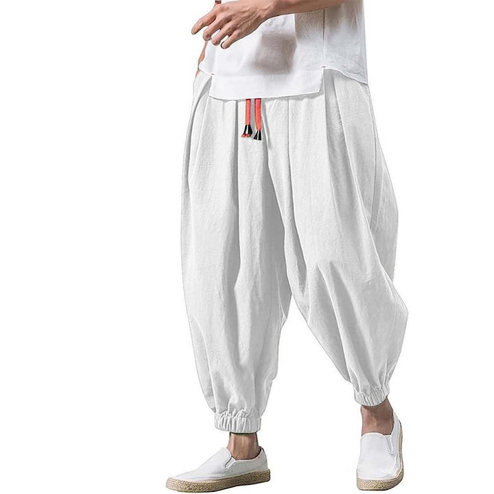 Men's unusual harem-style balloon pants with pleats, elastic waistband, and drawstring Mune Fashion