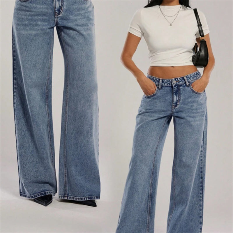 Women's High-Waisted Denim Pants with Extra Wide Leg and Clean Vintage Wash Mune Fashion