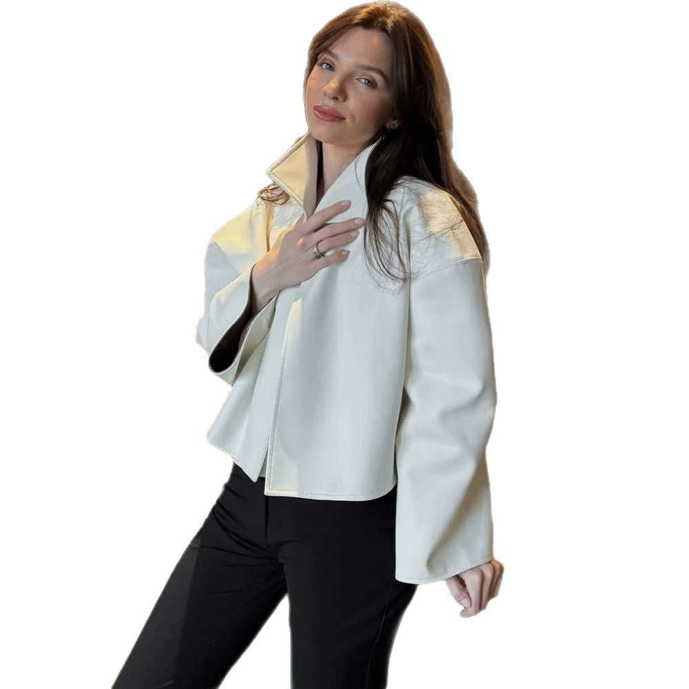 Women's Short Boxy Faux Leather Jacket with Distinctive Stand-Up Collar Mune Fashion