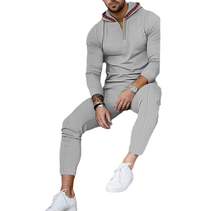 Men's Nano Slim-Fit Waffle Knit Hoodie Set with Half Zip, Contrast Lined Hood and Tapered Jogging Pants Mune Fashion