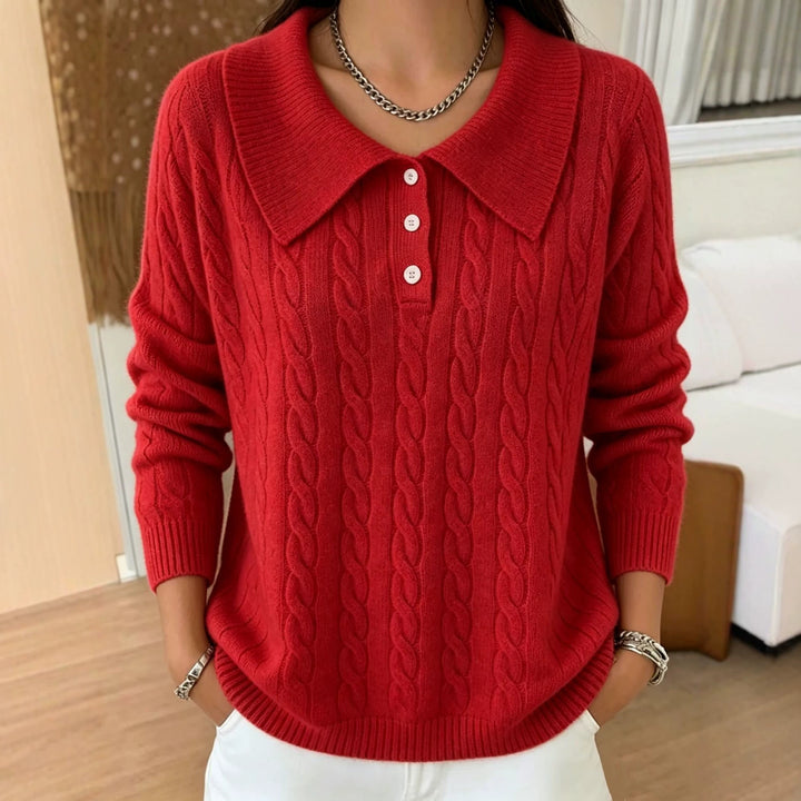 Women's cable knit polo sweater with large folded collar and relaxed silhouette Mune Fashion