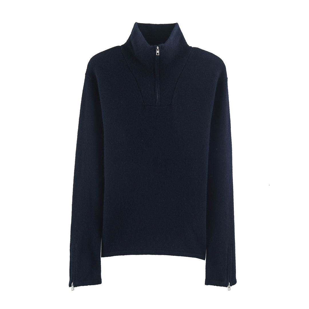 Women's fine knit pullover with stand-up collar, half zipper and zip sleeves Mune Fashion