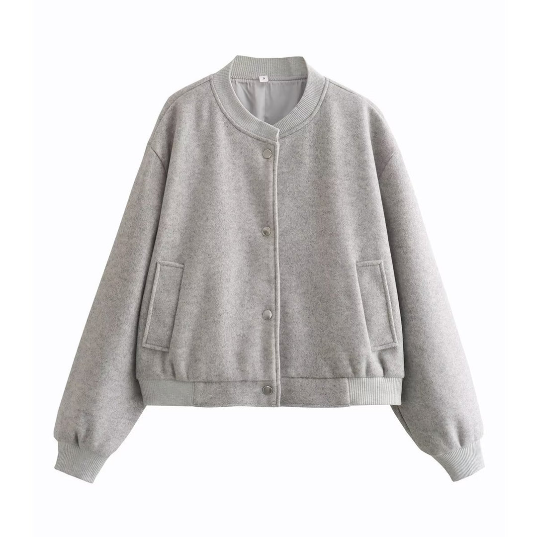 Women Short-Cut Wool Blend Bomber Jacket with Snap Buttons and Ribbed Cuffs Mune Fashion