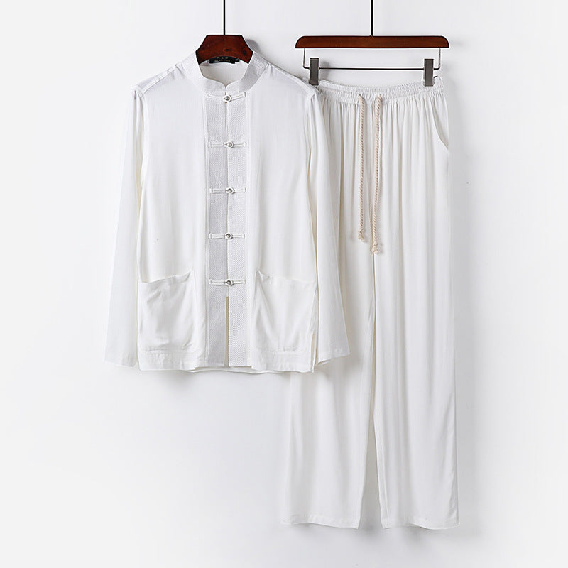 Men's Traditional Cotton Loungewear Set with Stand Collar, Knot Buttons and Drawstring Pants Mune Fashion