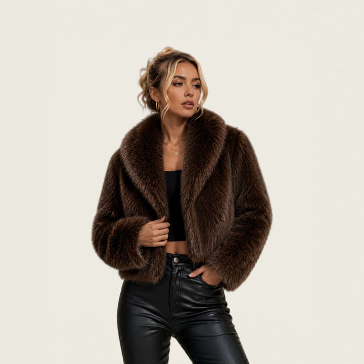 Ladies short cut luxury faux fur bolero with voluminous shawl collar Mune Fashion