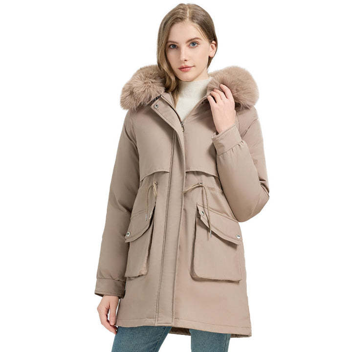Women's Midi Length Thermo Parka with Teddy Lining, Removable Faux Fur Collar and Waist Adjustment Mune Fashion