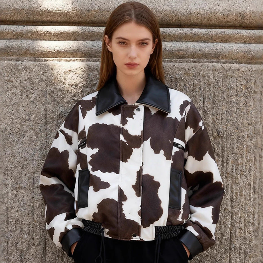 Ladies nan cropped bomber jacket with cow spot pattern and faux leather trim Mune Fashion