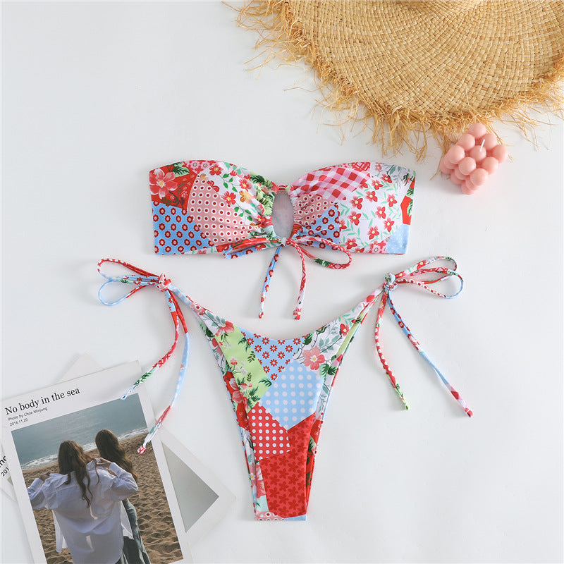 Women's bikini set with trendy patchwork pattern and playful ties Mune Fashion