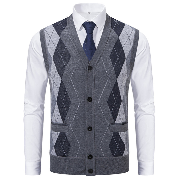 Men's sleeveless wool blend vest with V-neck, Argyle diamond pattern, welt pockets and button placket Mune Fashion