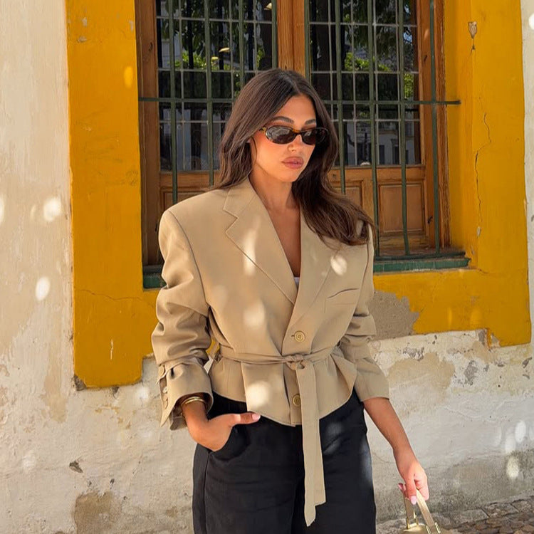 Women's Tailored Cropped Blazer with Belt and Remarkable Shoulder Area Mune Fashion