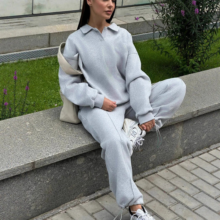 Women's Relaxed Polo Sweatshirt with V-Notch and Gathered Drawstring Jogging Pants Mune Fashion