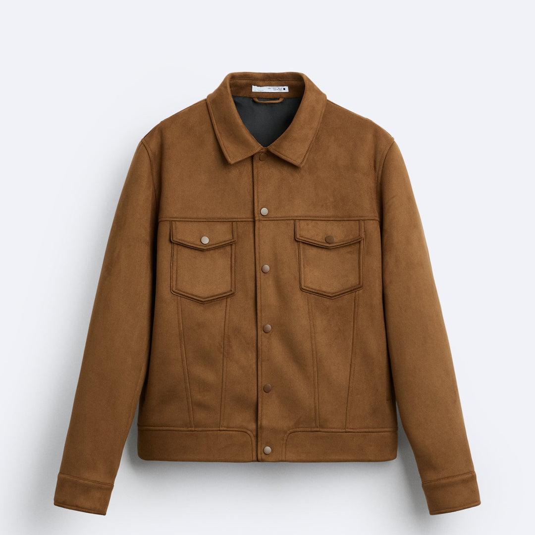 Men's Short Cut Suede Worker Jacket with Flap Pockets and Snap Button Closure Mune Fashion