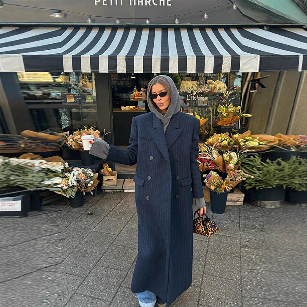 Women Long Cut Double Breasted Pinstripe Coat with Notch Collar Mune Fashion