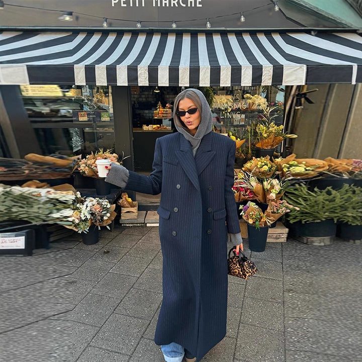 Women Long Cut Double Breasted Pinstripe Coat with Notch Collar Mune Fashion