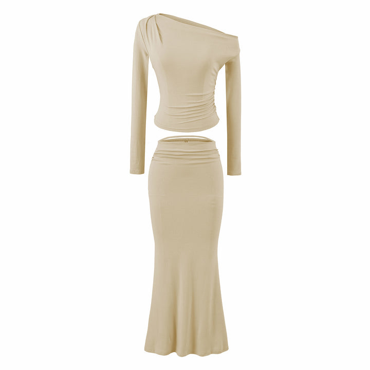 Women's One-Shoulder Two-Piece Set with Ruched Crop Top and Fitted Maxi Skirt Mune Fashion