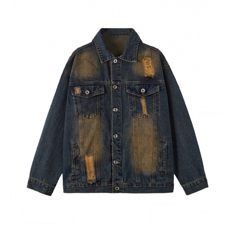 Unisex Vintage-Style Denim-Worker-Jacket with Repair-Details and Straight Cut Mune Fashion