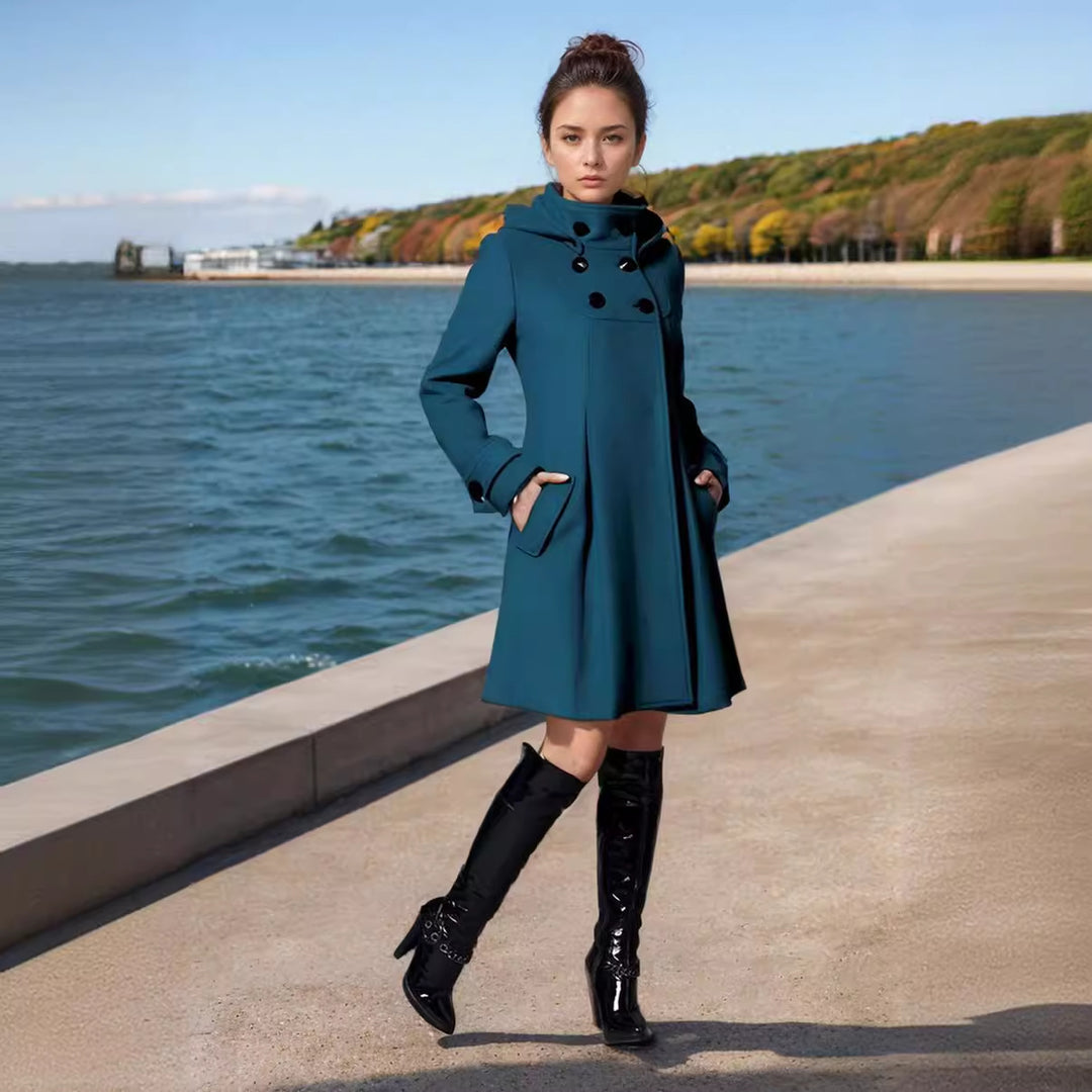 Women Tailored Wool Blend Coat with High Stand-Up Collar and A-Line Silhouette Mune Fashion