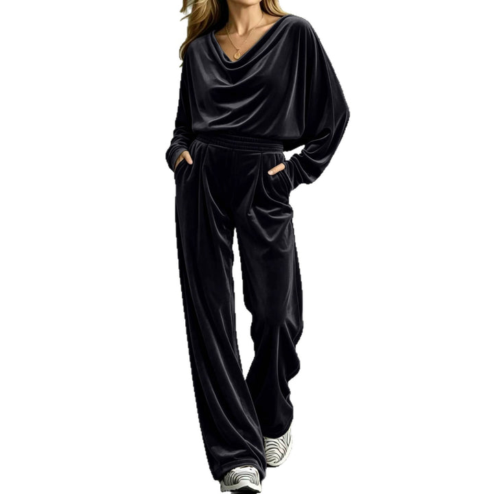 Women's Velvet Loungewear Set with Waterfall Collar, Wide Palazzo Cut and Insert Pockets Mune Fashion