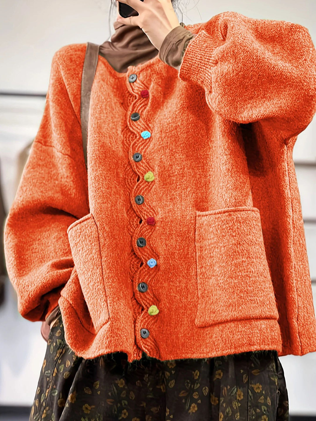 Women's Oversized Knit Cardigan with Decorative Button Placket and Patch Pockets Drune