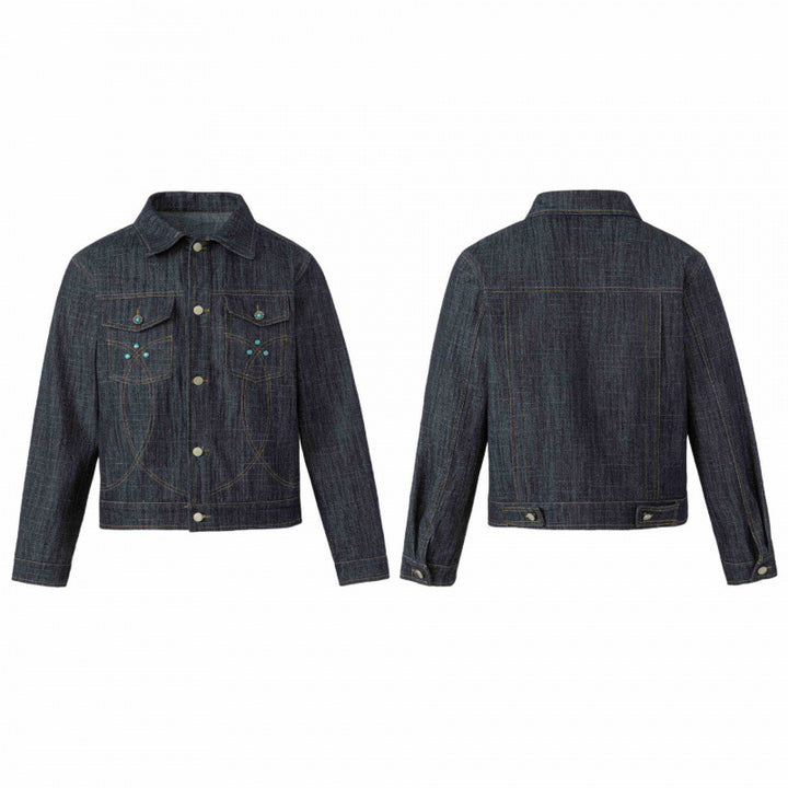 Unisex Short Cut Boxy Denim Jacket with Decorative Stitching and Turquoise Studs Mune Fashion