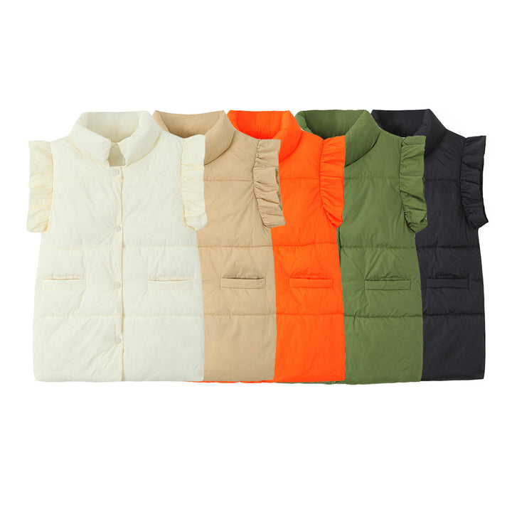 Women's sleeveless quilted vest with ruffled sleeves, stand-up collar, and concealed snap buttons Mune Fashion