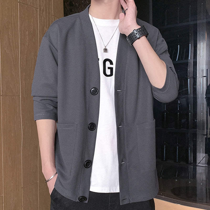 Men's Structured Waffle Knit Short Cardigan with Patch Pockets Mune Fashion