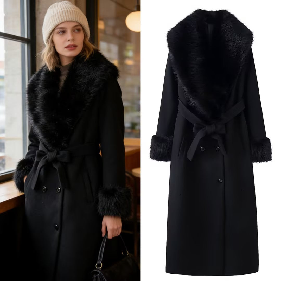 Women Longer Elegant Wool Blend Coat with Wide Faux Fur Collar, Belt and Fur Cuffs Mune Fashion