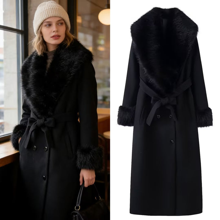 Women Longer Elegant Wool Blend Coat with Wide Faux Fur Collar, Belt and Fur Cuffs Mune Fashion