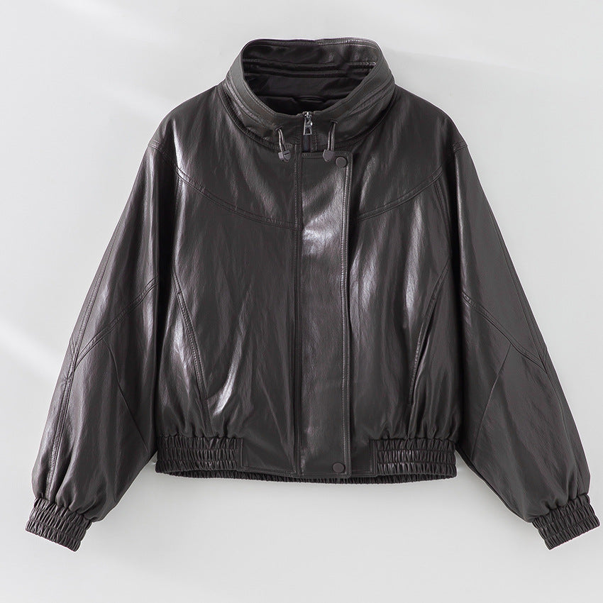 Women Oversized Faux Leather Bomber Jacket with Stand-up Collar and Elastic Hem Mune Fashion
