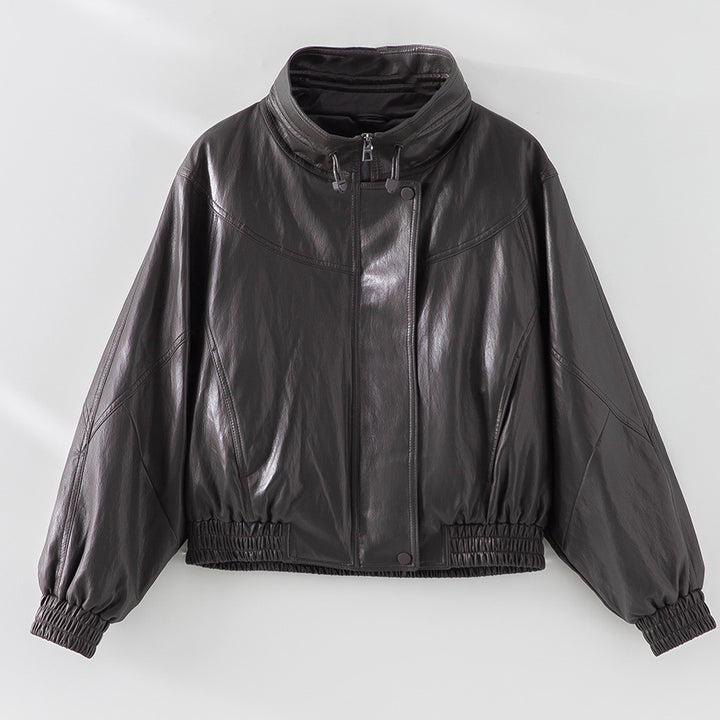 Women Oversized Faux Leather Bomber Jacket with Stand-up Collar and Elastic Hem Mune Fashion