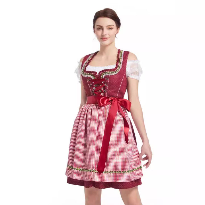 Women's traditional short-cut dirndl with heart-shaped neckline, decorative lacing, and Vichy check apron Mune Fashion