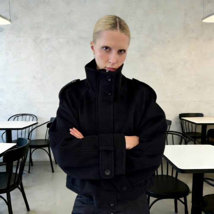 Women's short wool mix blouson with high stand-up collar, shoulder patches, and voluminous balloon sleeves Mune Fashion